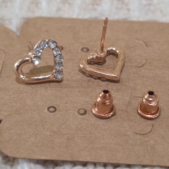 NOS Rose Gold Open HEART Rhinestone Accent Stud Pierced Earrings - Picture 8 of 9